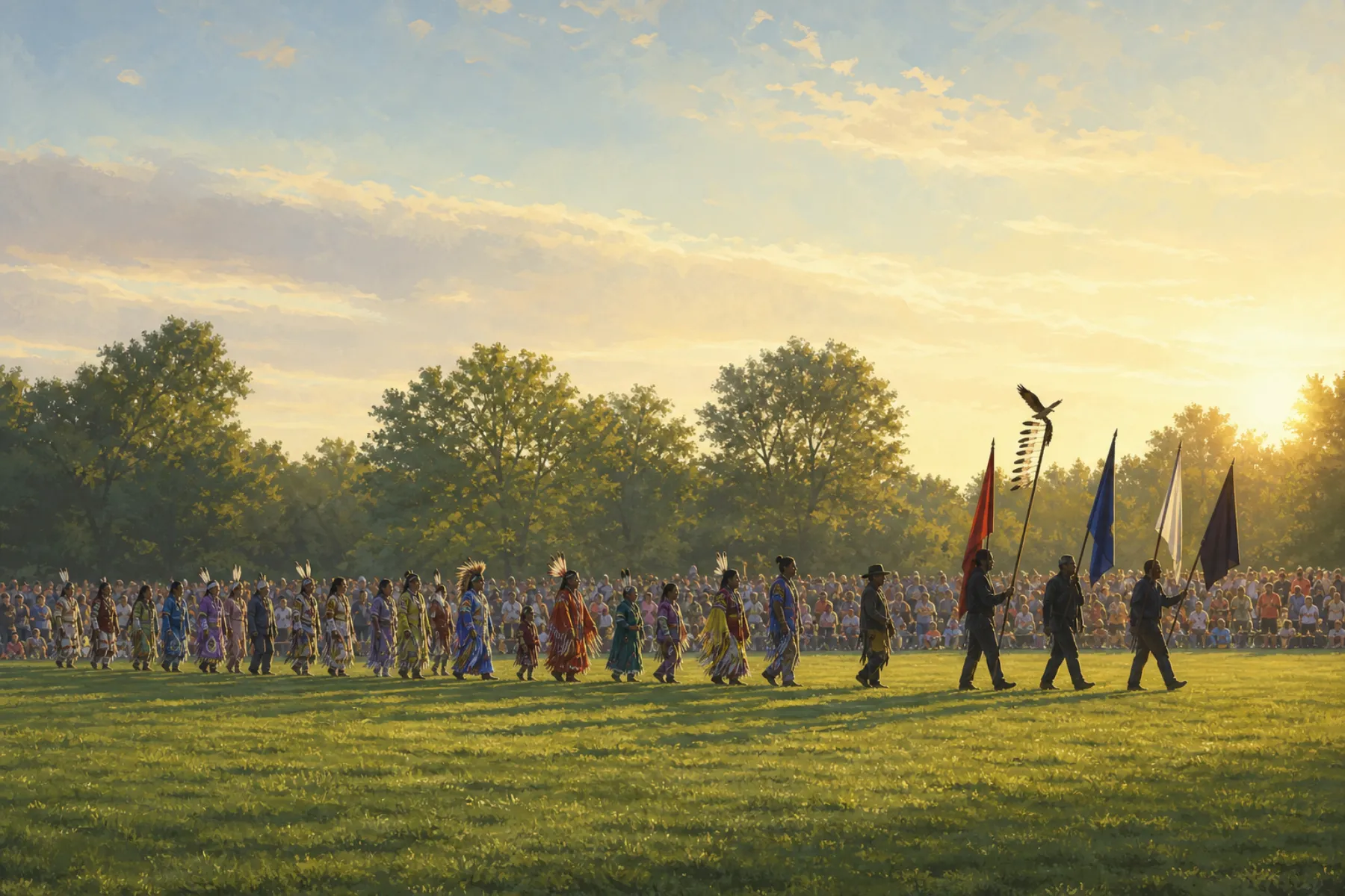 Dancers entering the arena in procession for the Grand Entry, led by an eagle staff and flags.