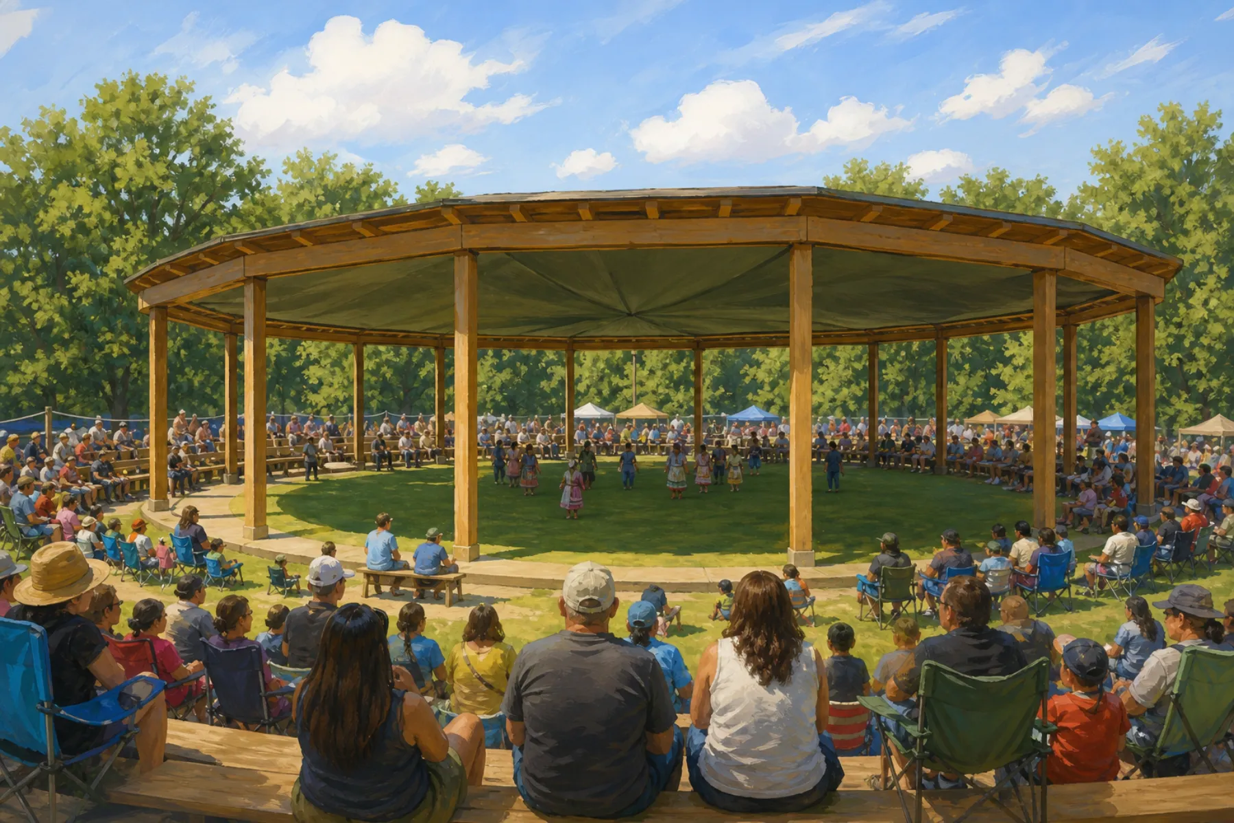 The arbour and the dance circle seen from the stands, with families seated around it.