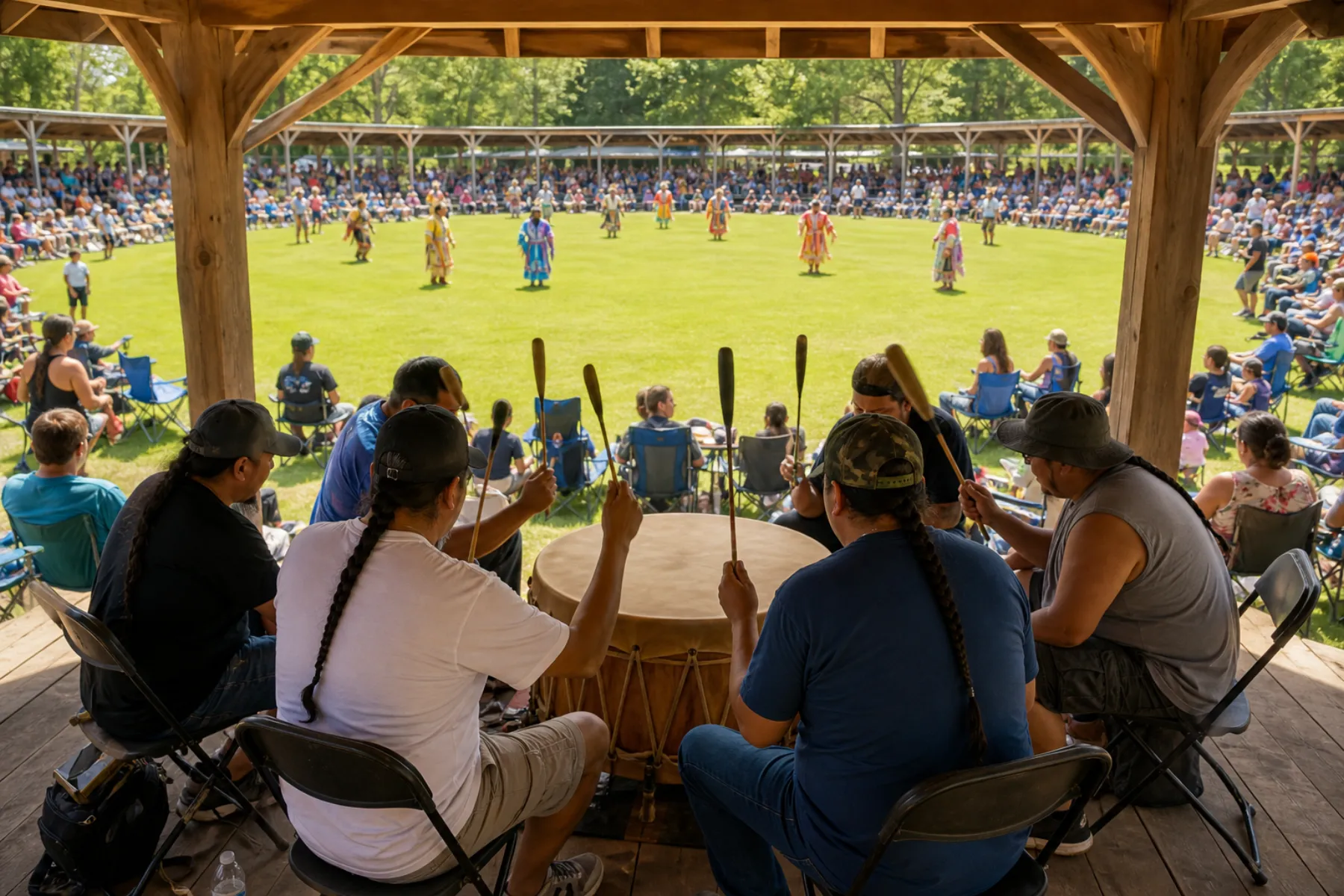 A drum group seated around a large drum, singing.