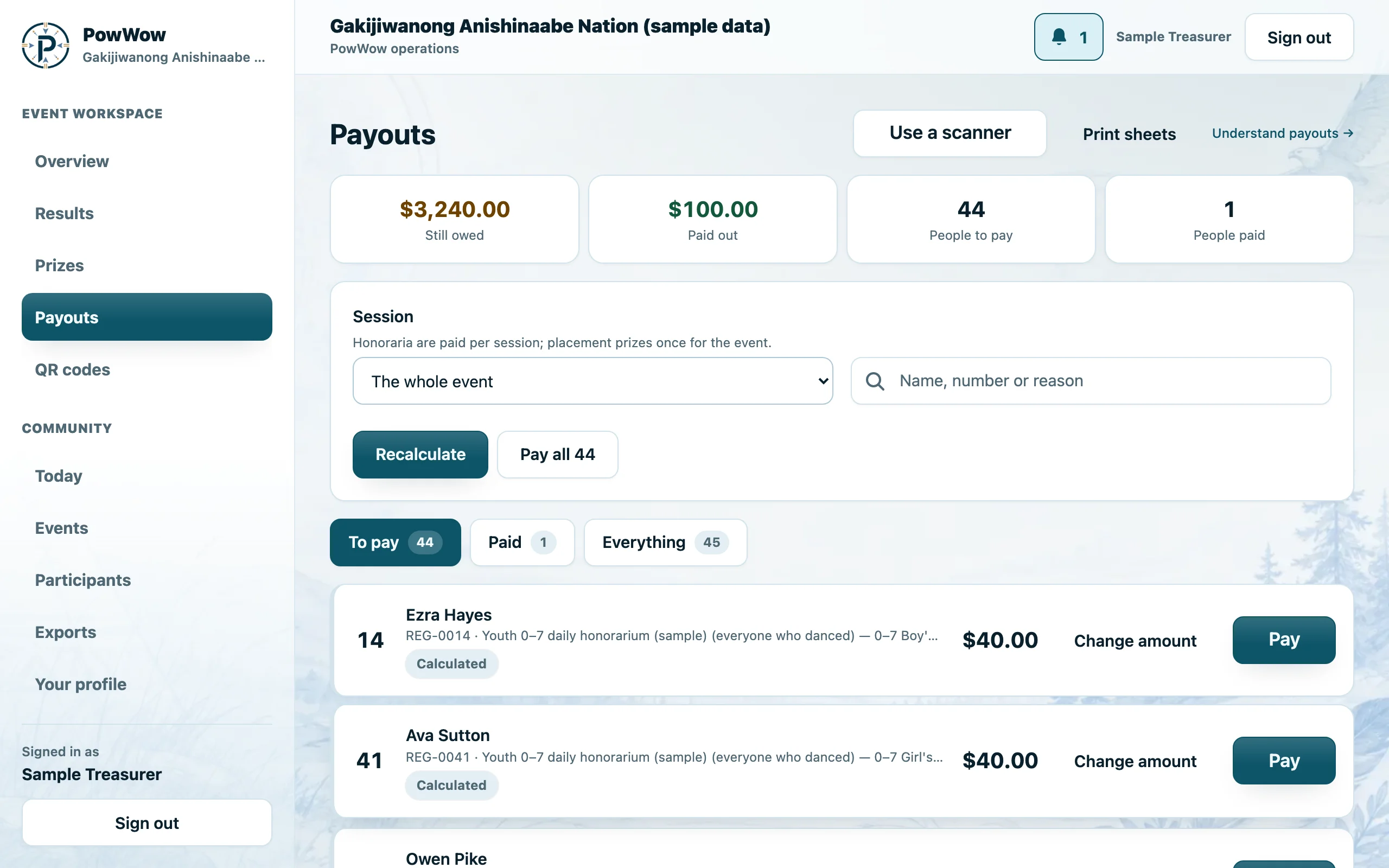The payout queue as the treasurer sees it: still owed, paid out, and a Pay button beside each name.